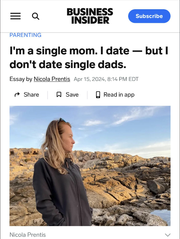 nicola prentis - a Business Insider Subscribe Parenting I'm a single mom. I date but I don't date single dads. Essay by Nicola Prentis , Edt Nicola Prentis Save Read in app