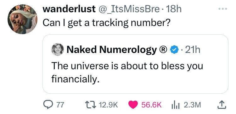 screenshot - wanderlust 18h Can I get a tracking number? Naked Numerology . 21h The universe is about to bless you financially. 77 2.3M