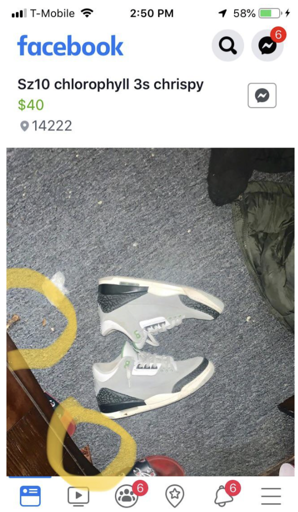 Selling shoes on Facebook marketplace but the room is littered with pizza crust, chicken bones and other trash on the floor.
