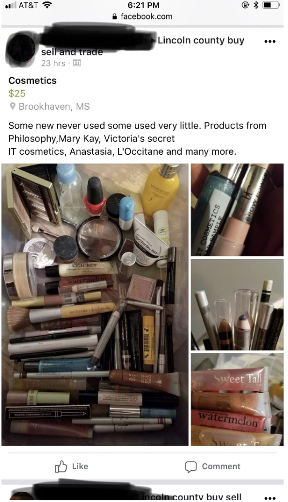 Selling used makeup on Facebook.