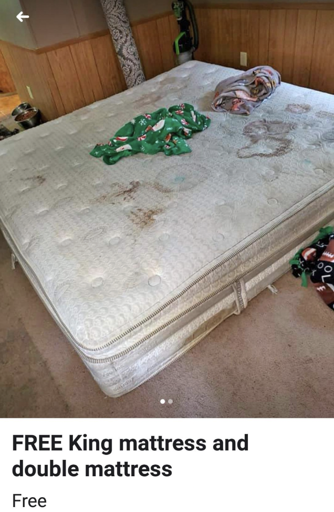 Free mattress on Facebook marketplace with "juice stains."