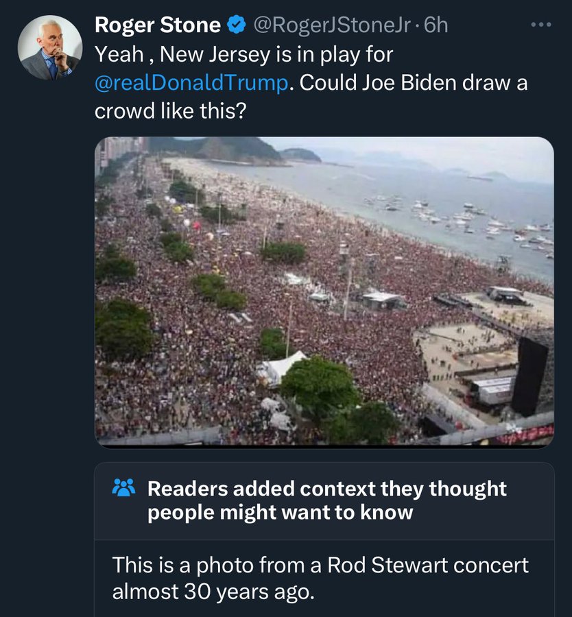rod stewart concert brazil 1994 - Roger Stone . 6h Yeah, New Jersey is in play for . Could Joe Biden draw a crowd this? Readers added context they thought people might want to know This is a photo from a Rod Stewart concert almost 30 years ago.