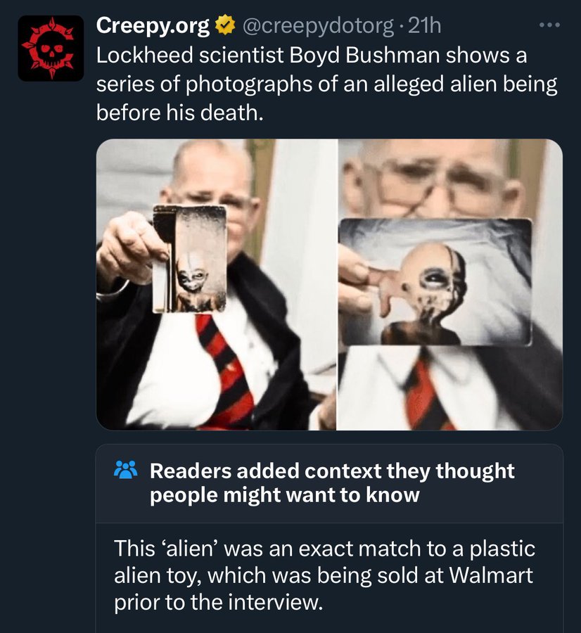 flyer - Creepy.org . 21h Lockheed scientist Boyd Bushman shows a series of photographs of an alleged alien being before his death. Readers added context they thought people might want to know This 'alien' was an exact match to a plastic alien toy, which w
