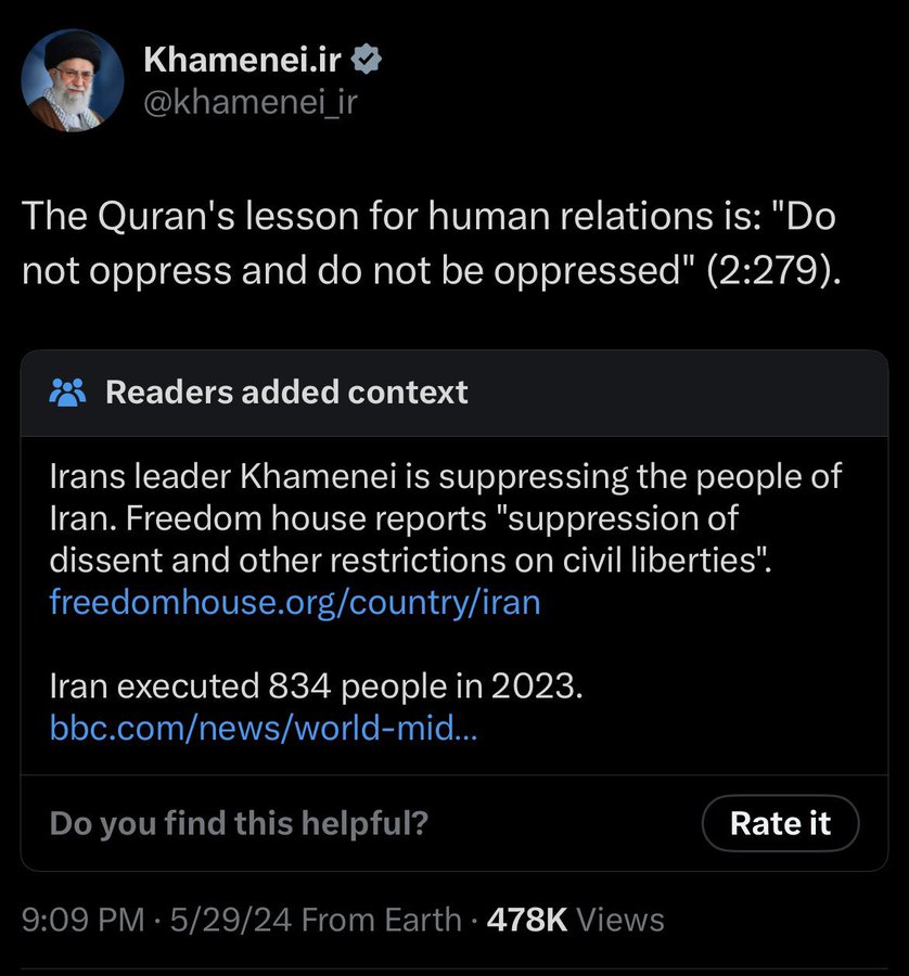 screenshot - Khamenei.ir The Quran's lesson for human relations is "Do not oppress and do not be oppressed" . Readers added context Irans leader Khamenei is suppressing the people of Iran. Freedom house reports "suppression of dissent and other restrictio