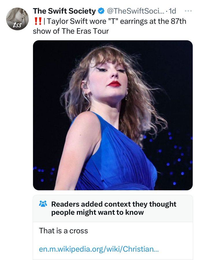 Taylor Swift - tss The Swift Society .... 1d !! | Taylor Swift wore "T" earrings at the 87th show of The Eras Tour Readers added context they thought people might want to know That is a cross en.m.wikipedia.orgwikiChristian...