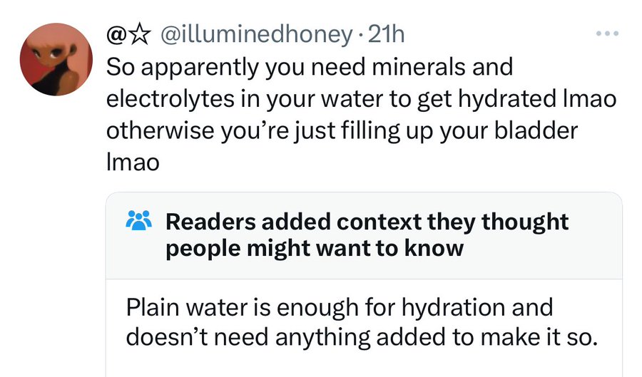 ladybug - @. 21h So apparently you need minerals and electrolytes in your water to get hydrated Imao otherwise you're just filling up your bladder Imao Readers added context they thought people might want to know Plain water is enough for hydration and do
