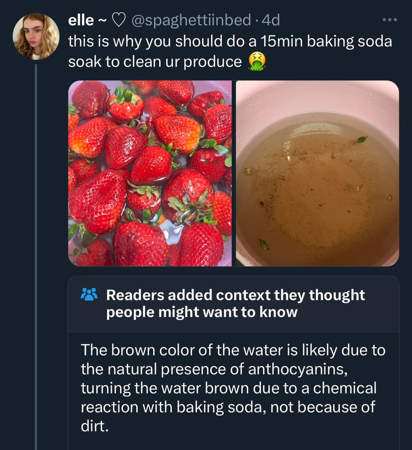 dirty strawberry meme - elle ~ 4d this is why you should do a 15min baking soda soak to clean ur produce Readers added context they thought people might want to know The brown color of the water is ly due to the natural presence of anthocyanins, turning t