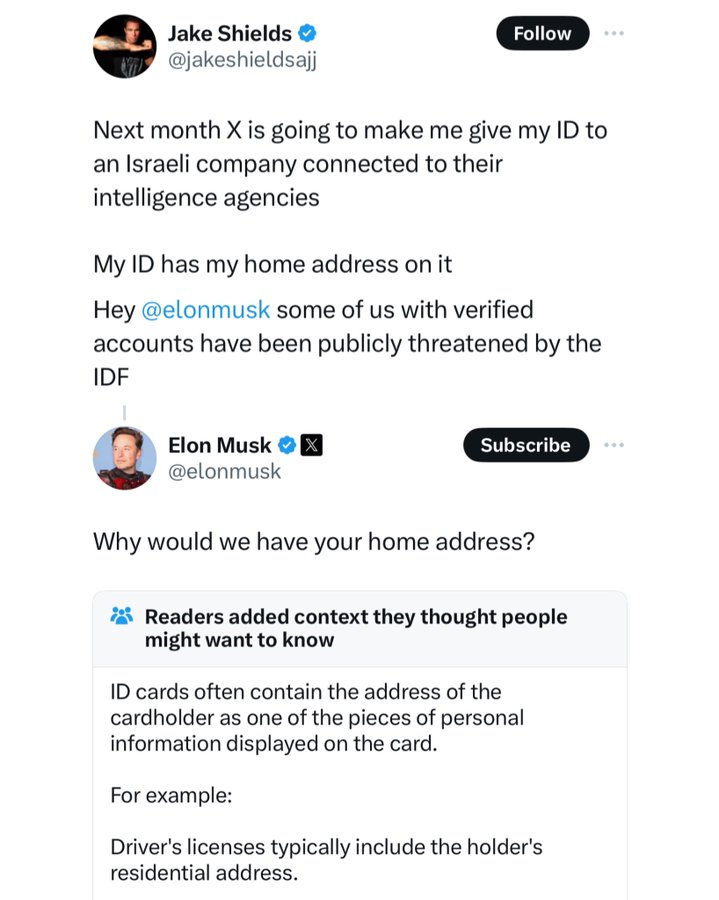 screenshot - Jake Shields Next month X is going to make me give my Id to an Israeli company connected to their intelligence agencies My Id has my home address on it Hey some of us with verified accounts have been publicly threatened by the Idf Elon Musk S
