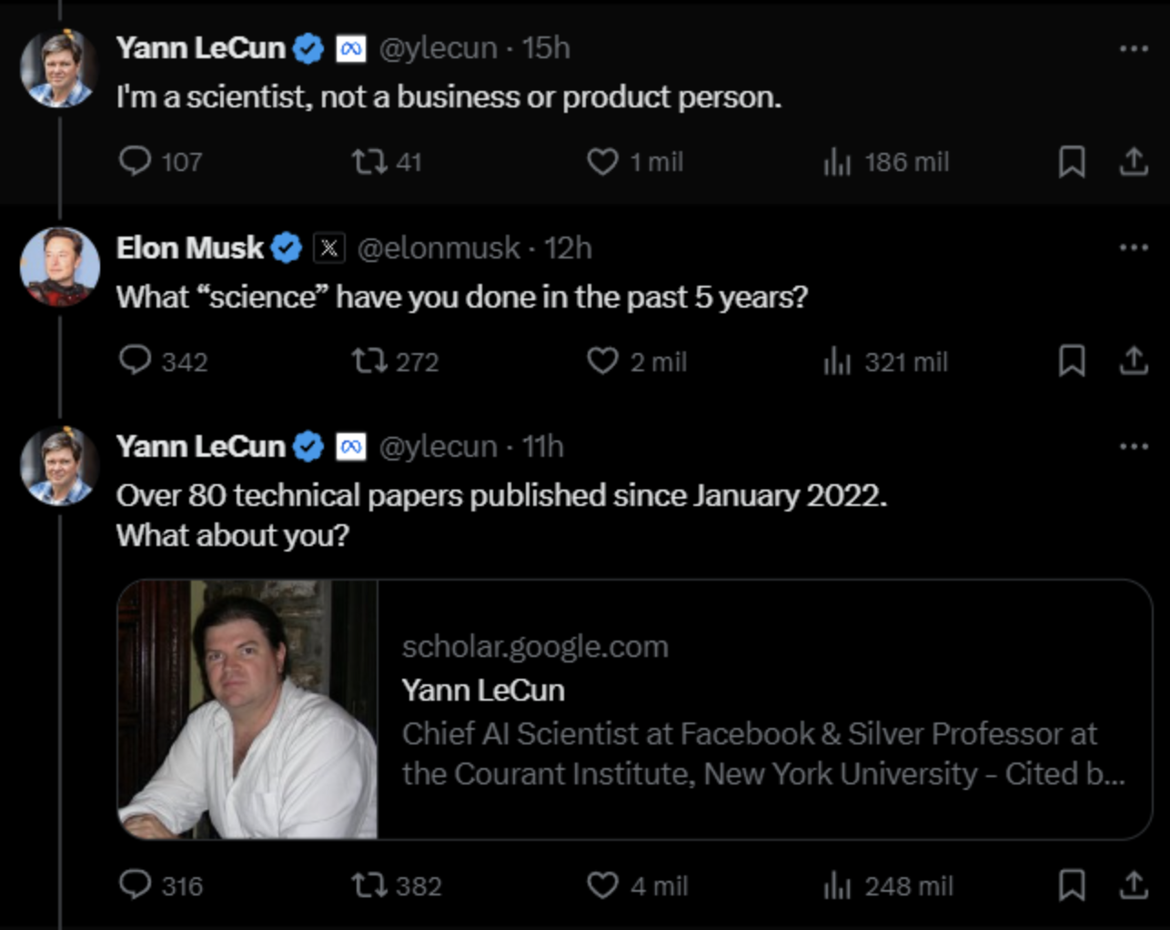 screenshot - O Yann LeCun 15h I'm a scientist, not a business or product person. 107 13 41 1 mil Elon Musk 12h What "science" have you done in the past 5 years? 342 13272 22 mil Yann LeCun 11h ill 186 mil 1 ahl 321 mil Over 80 technical papers published s