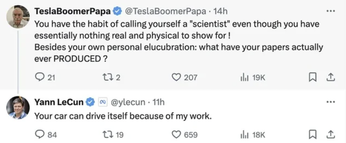 screenshot - TeslaBoomerPapa 14h You have the habit of calling yourself a "scientist" even though you have essentially nothing real and physical to show for! Besides your own personal elucubration what have your papers actually ever Produced ? 21 132 207 