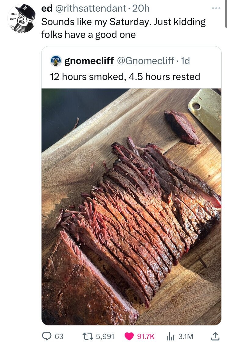 roast beef - ed 20h Sounds my Saturday. Just kidding folks have a good one Zyn gnomecliff . 1d 12 hours smoked, 4.5 hours rested O 63 15,991 l 3.1M