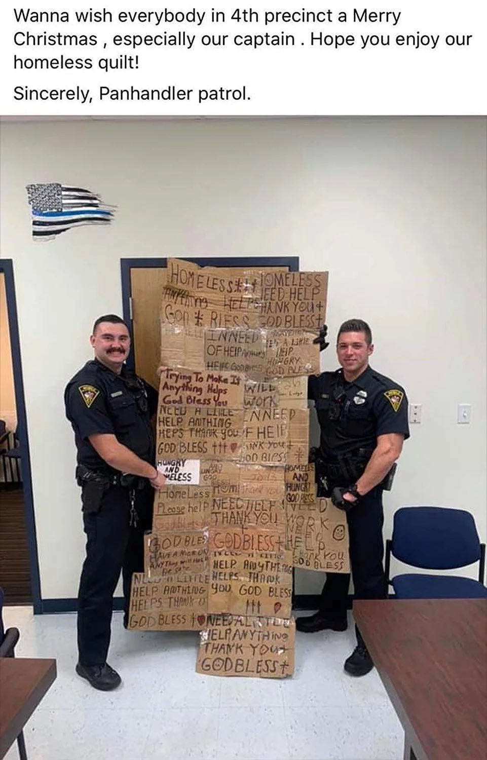 mobile police homeless quilt - Wanna wish everybody in 4th precinct a Merry Christmas, especially our captain. Hope you enjoy our homeless quilt! Sincerely, Panhandler patrol. Home Lessed Help Homeless Tank Hellhank You Gon Riess God Bless Inneeds Mes A S