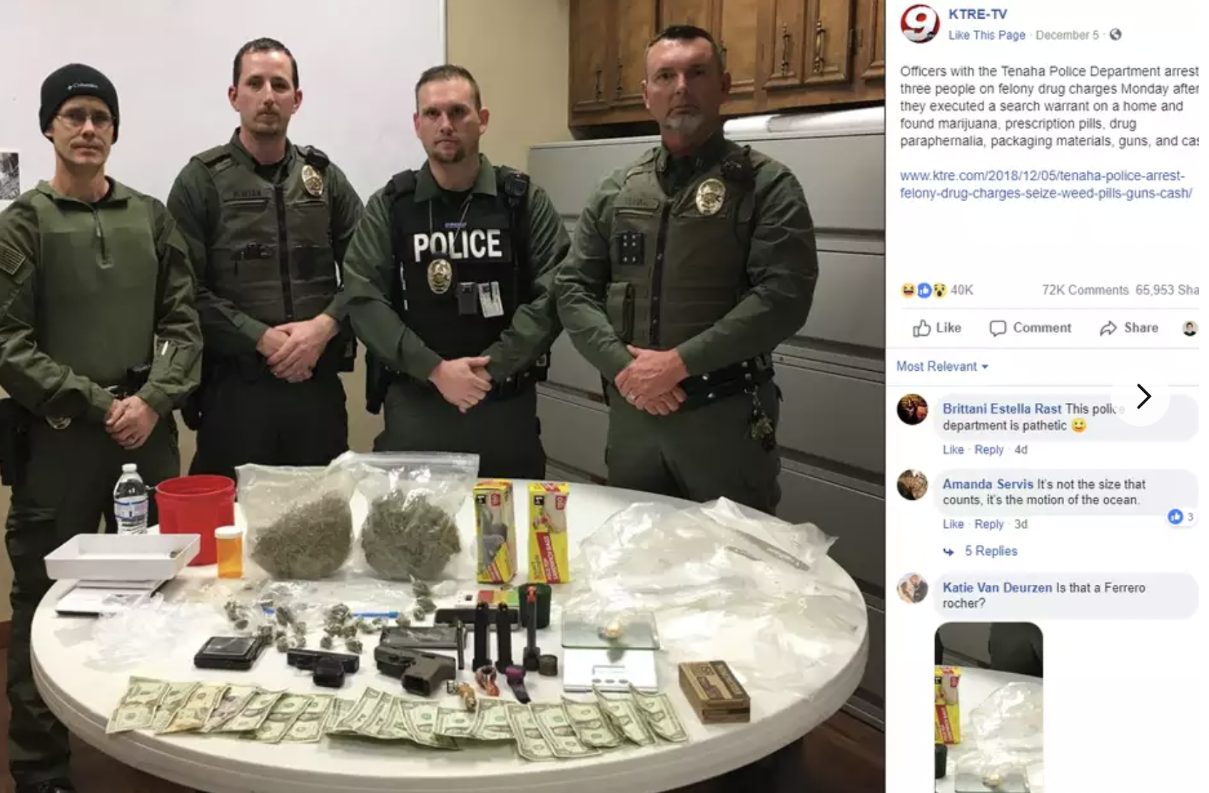 military officer - Police KtreTv This Page December Officers with the Tenaha Police Department arrest three people on felony drug charges Monday after they executed a search warrant on a home and found marijuana prescription pills, drug paraphemalia, pack
