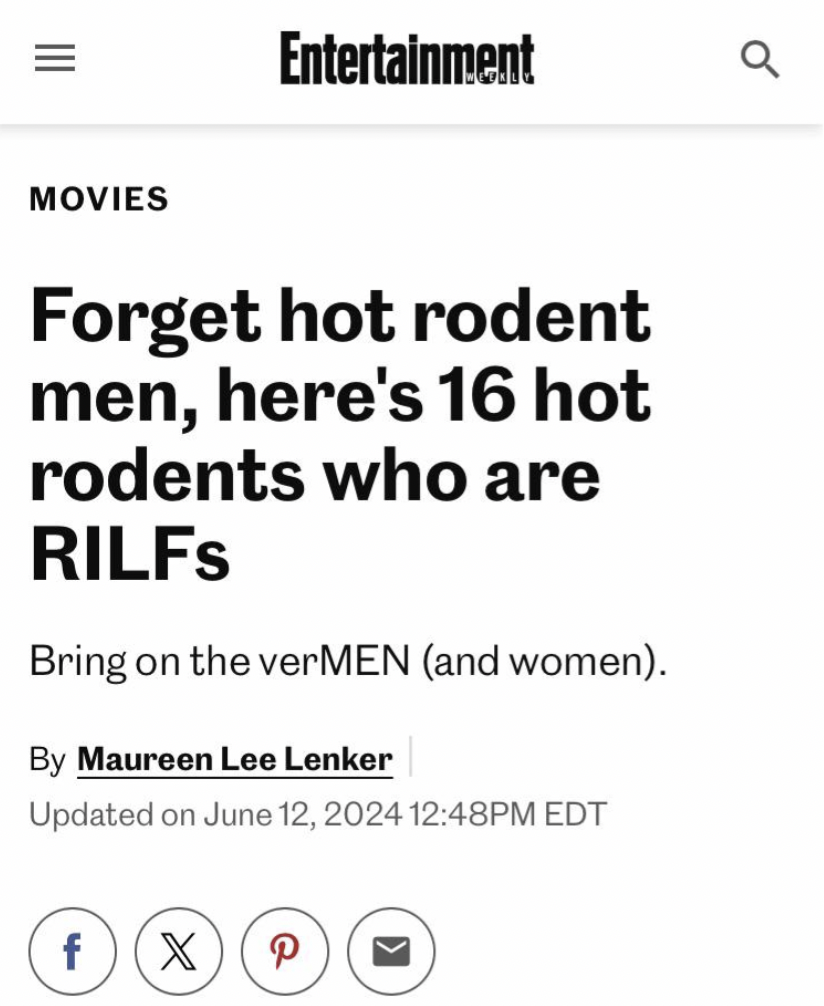 screenshot - Entertainment Q Movies Forget hot rodent men, here's 16 hot rodents who are RILFs Bring on the verMEN and women. By Maureen Lee Lenker Updated on Pm Edt f X P