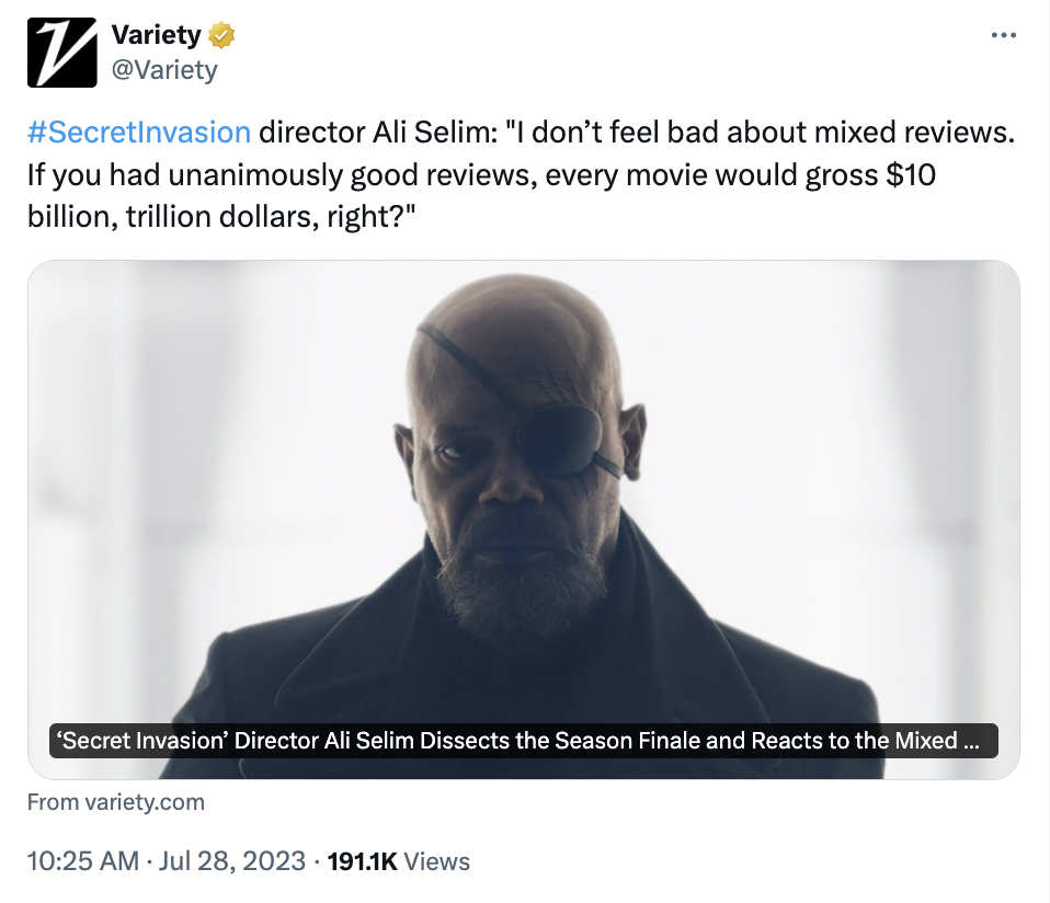 screenshot - Variety director Ali Selim "I don't feel bad about mixed reviews. If you had unanimously good reviews, every movie would gross $10 billion, trillion dollars, right?" 'Secret Invasion' Director Ali Selim Dissects the Season Finale and Reacts t