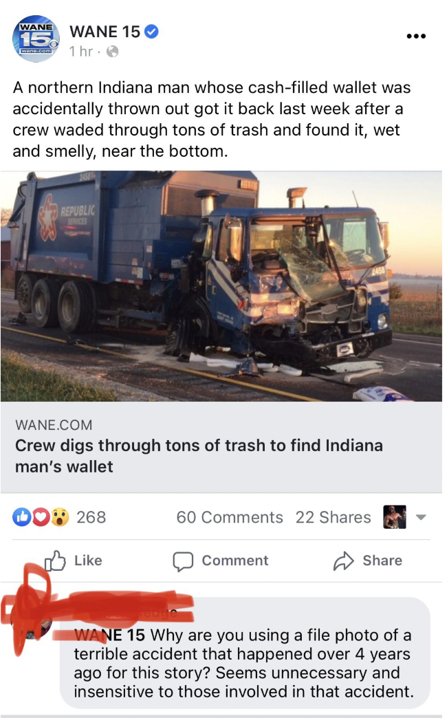 commercial vehicle - Anwane 15 1hr A northern Indiana man whose cashfilled wallet was accidentally thrown out got it back last week after a crew waded through tons of trash and found it, wet and smelly, near the bottom. Republic Wane.Com Crew digs through