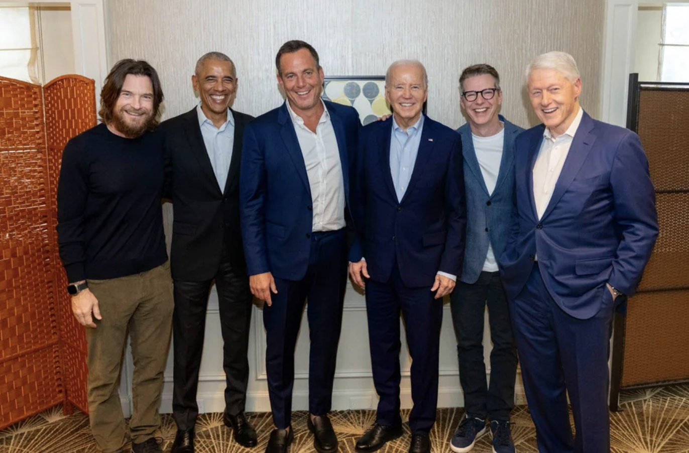 The Smartless guys with Presidents Obama, Biden, and Clinton.