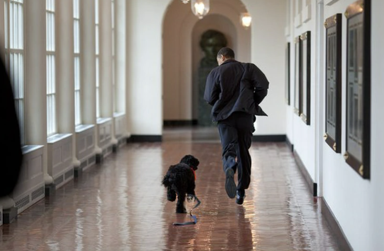 Obama, running with his dog.