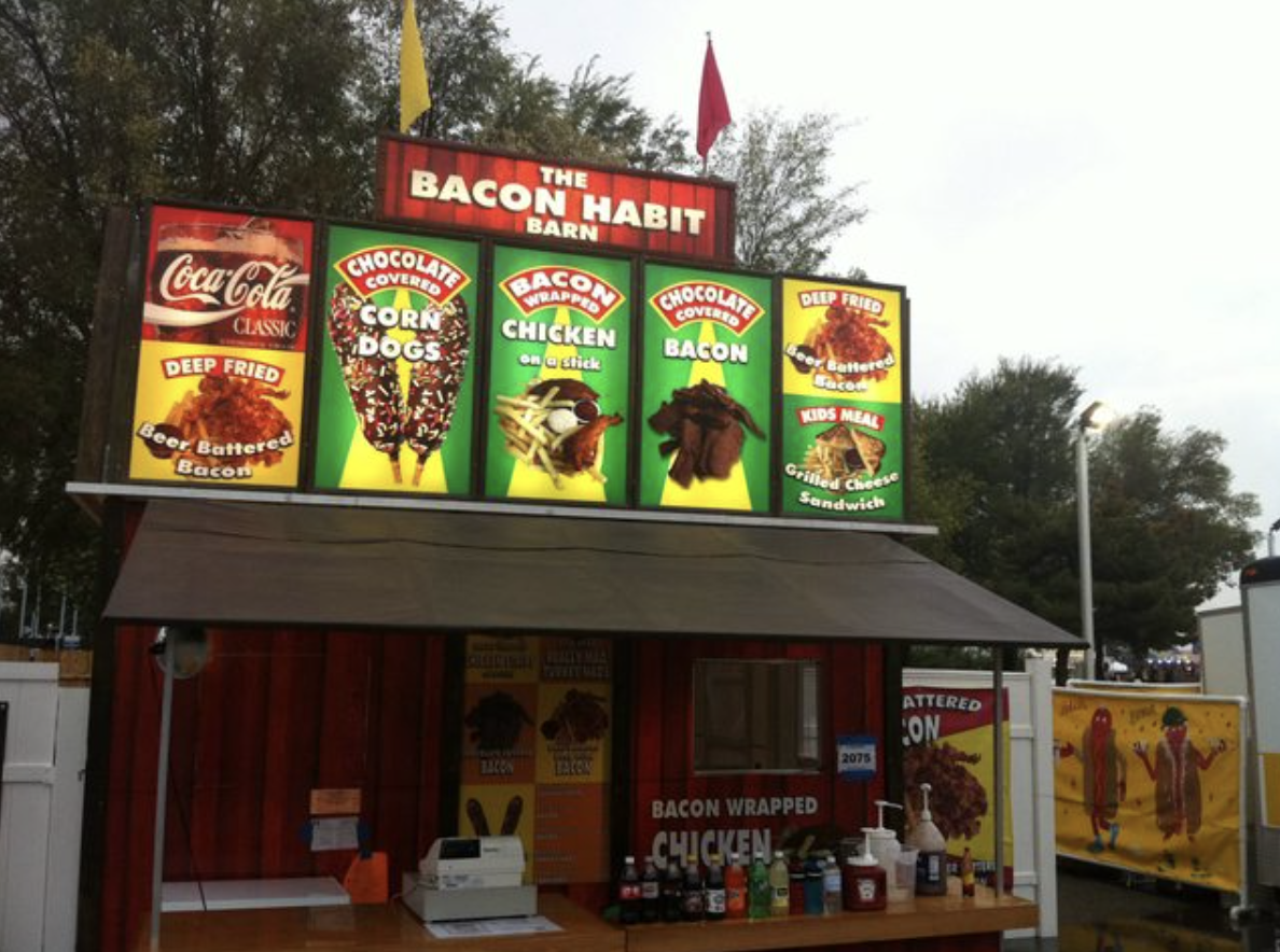 banner - The Bacon Habit Barn Bacon Chocolat Classic Corn Dogs Chicken Click CocaCola Deep Fried Beer Battered Bacon Bacon Deep Fried Cattere Kids Meal Grilled Cheese Sandwich Bacin Bacon Wrapped Chicken 3675 Attered On