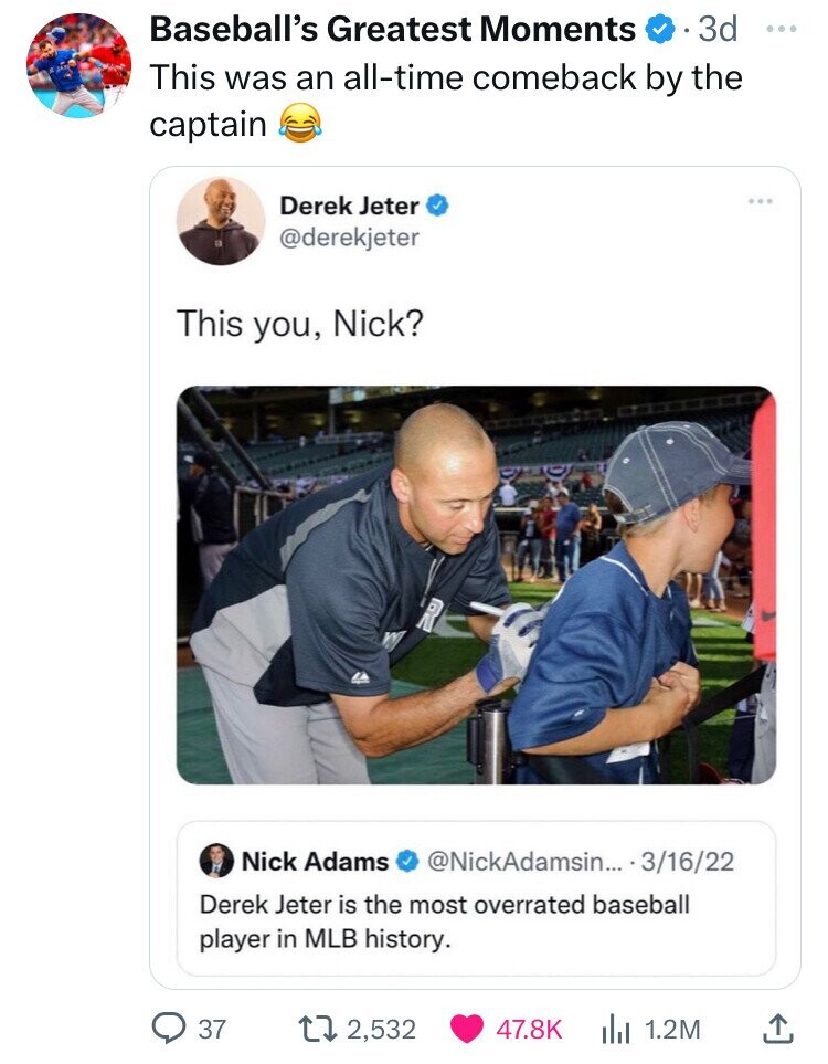 derek jeter memes - Baseball's Greatest Moments .3d 600 This was an alltime comeback by the captain Derek Jeter This you, Nick? Nick Adams .... 31622 Derek Jeter is the most overrated baseball player in Mlb history. 37 12,532 ili 1.2M