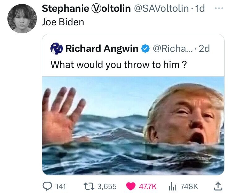 drown trump - Stephanie Voltolin . 1d Joe Biden Richard Angwin .... 2d What would you throw to him? 141 13,655 |