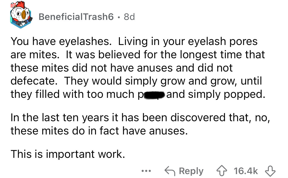 number - Beneficial Trash6 8d You have eyelashes. Living in your eyelash pores are mites. It was believed for the longest time that these mites did not have anuses and did not defecate. They would simply grow and grow, until they filled with too much p an
