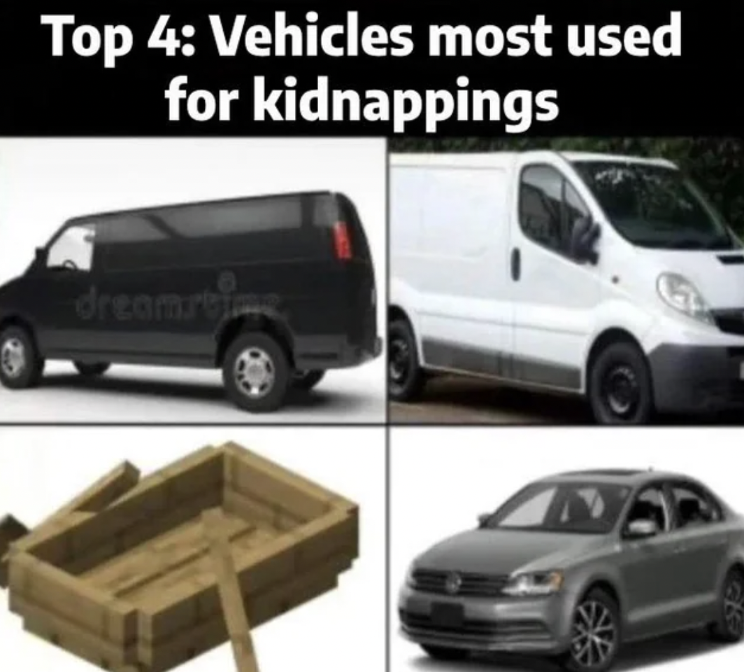 Internet meme - Top 4 Vehicles most used for kidnappings dreamstime