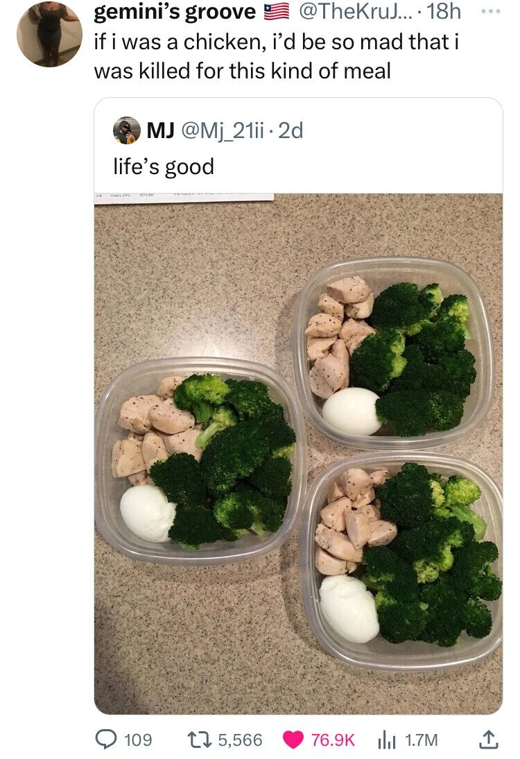 chicken egg and broccoli - gemini's groove ... 18h if i was a chicken, i'd be so mad that i was killed for this kind of meal Mj . 2d life's good 109 175,566 1.7M