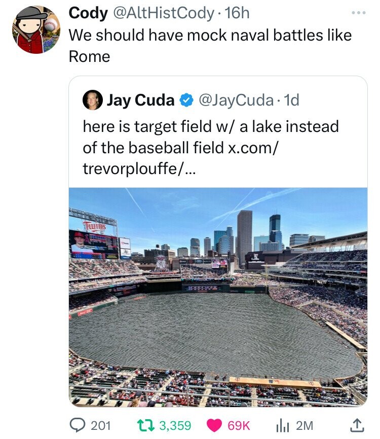 metropolitan area - Cody 16h We should have mock naval battles Rome Jay Cuda . 1d here is target field w a lake instead of the baseball field x.com trevorplouffe... 201 t3, ili 2M