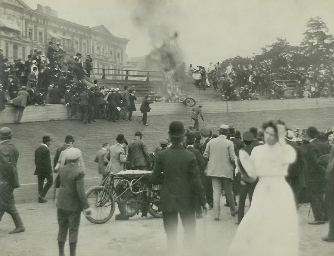 The Berlin Velodrome Disaster, where a pacer motorcycle in a motor-paced cycling race crashed into the stands and caught fire, killing nine, 1909.