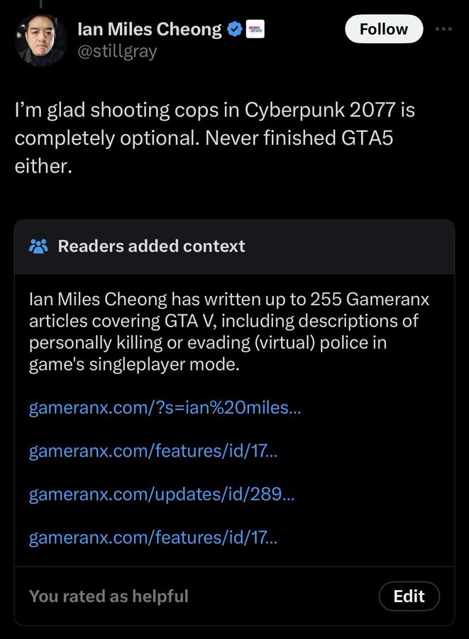 ian miles cheong gta community note - lan Miles Cheong I'm glad shooting cops in Cyberpunk 2077 is completely optional. Never finished GTA5 either. Readers added context lan Miles Cheong has written up to 255 Gameranx articles covering Gta V, including de