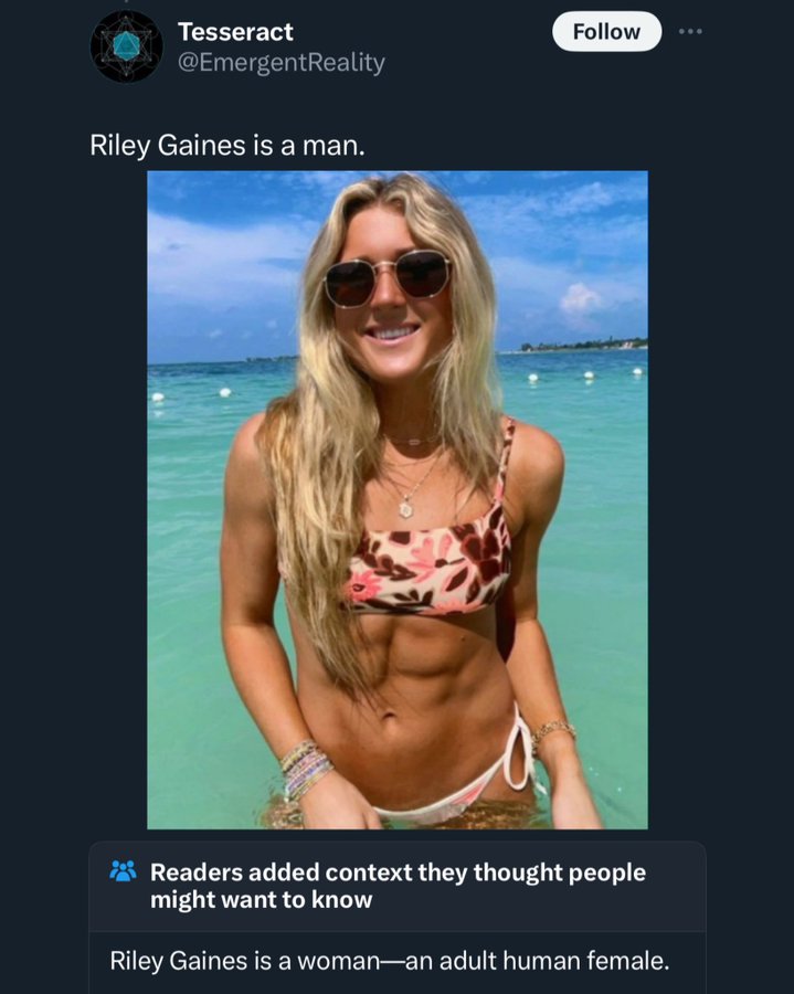 riley gaines bikini - Tesseract Riley Gaines is a man. Readers added context they thought people might want to know Riley Gaines is a womanan adult human female.