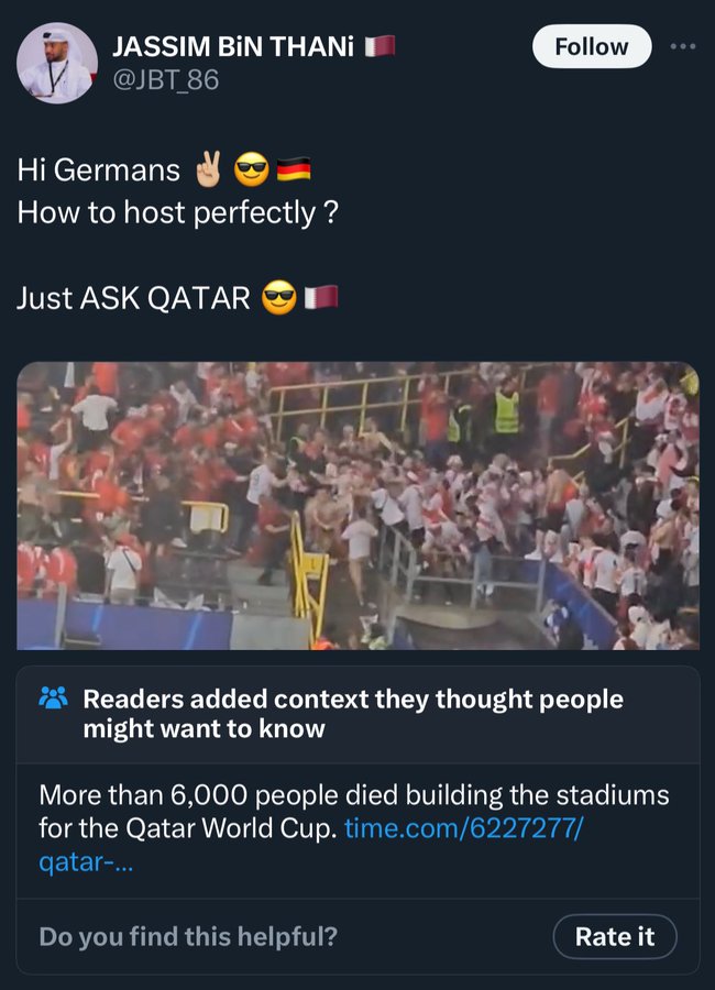 screenshot - Jassim Bin Thani Hi Germans How to host perfectly? Just Ask Qatar A Readers added context they thought people might want to know More than 6,000 people died building the stadiums for the Qatar World Cup. time.com6227277 qatar... Do you find t