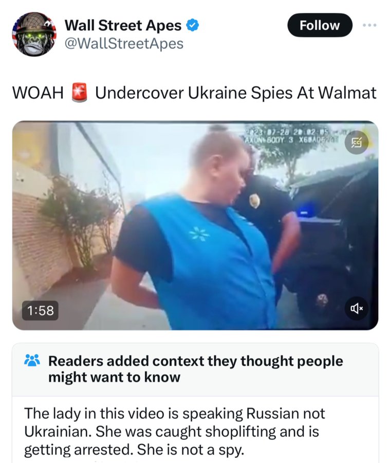 screenshot - Woah Wall Street Apes Undercover Ukraine Spies At Walmat 1230728 200205 Axon Body 3 X6BADE Readers added context they thought people might want to know The lady in this video is speaking Russian not Ukrainian. She was caught shoplifting and i