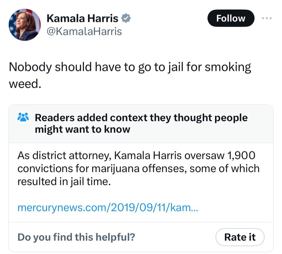 screenshot - Kamala Harris Nobody should have to go to jail for smoking weed. Readers added context they thought people might want to know As district attorney, Kamala Harris oversaw 1,900 convictions for marijuana offenses, some of which resulted in jail