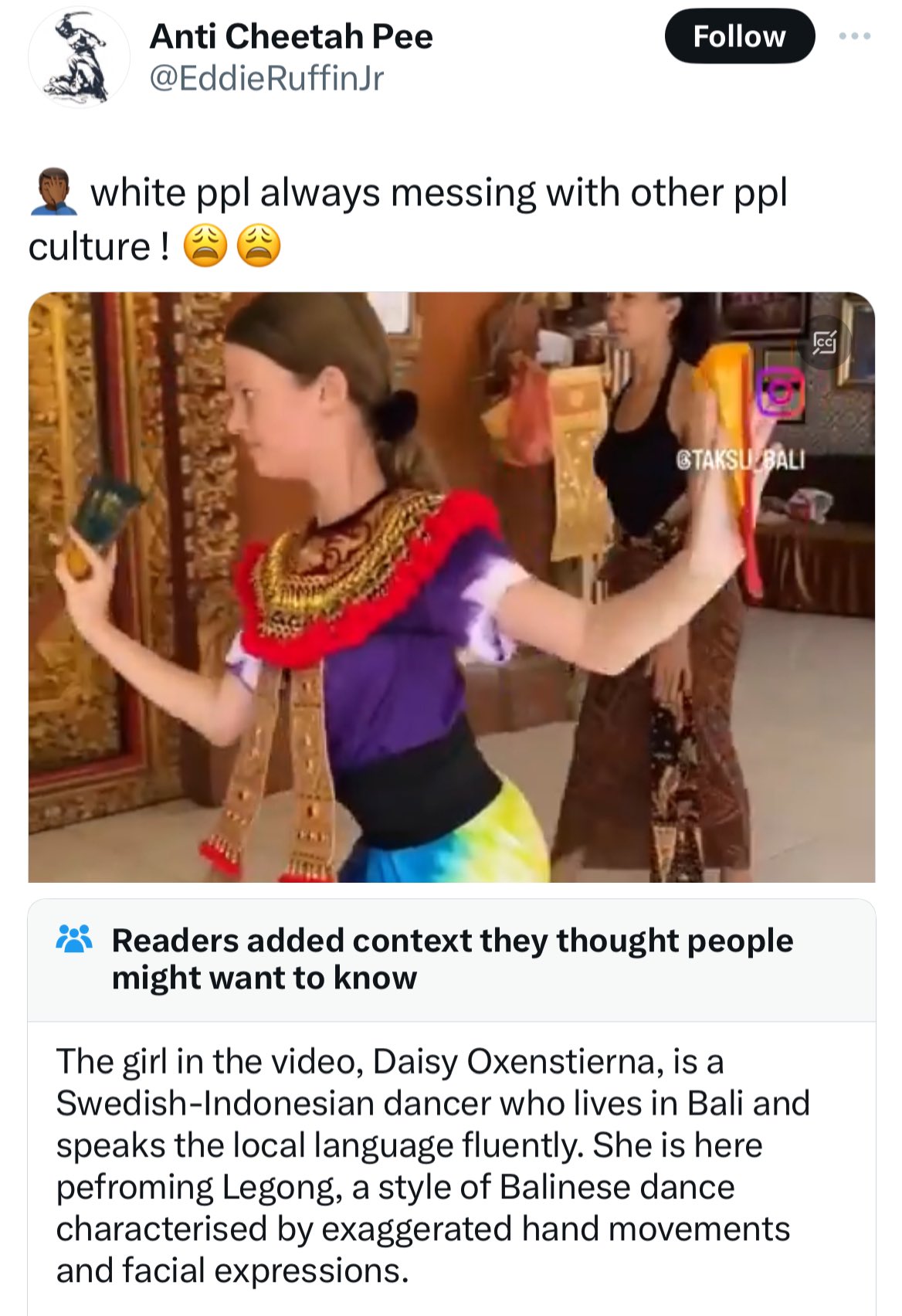 belly dance - Anti Cheetah Pee RuffinJr white ppl always messing with other ppl culture! Gtaksu Bali Readers added context they thought people might want to know The girl in the video, Daisy Oxenstierna, is a SwedishIndonesian dancer who lives in Bali and