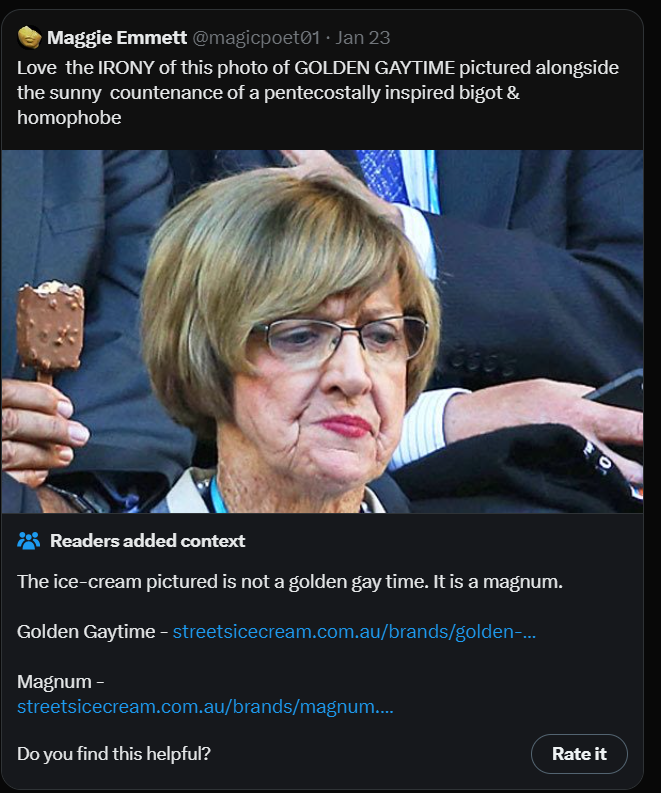 martina navratilova sunglasses - Maggie Emmett Jan 23 Love the Irony of this photo of Golden Gaytime pictured alongside the sunny countenance of a pentecostally inspired bigot & homophobe Readers added context The icecream pictured is not a golden gay tim