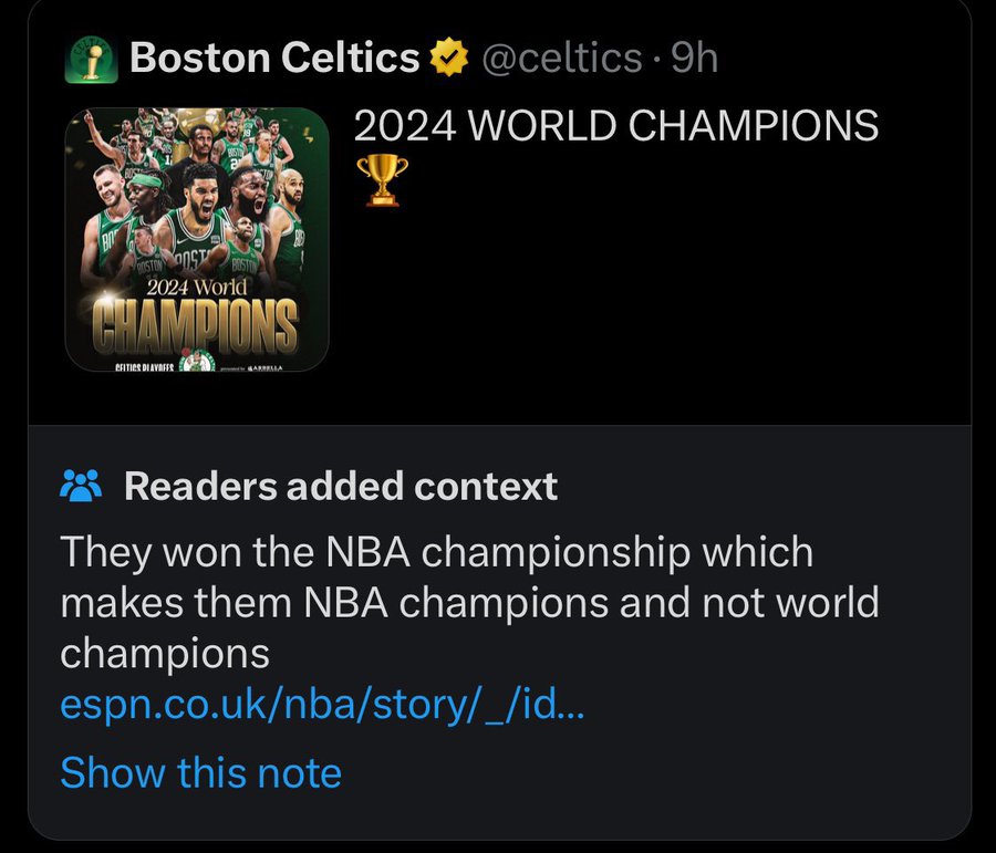screenshot - Boston Celtics 9h 2024 World Champions Bo Stost Bosti 2024 World Champions Fitics Diavafes Readers added context They won the Nba championship which makes them Nba champions and not world champions espn.co.uknbastory_id... Show this note