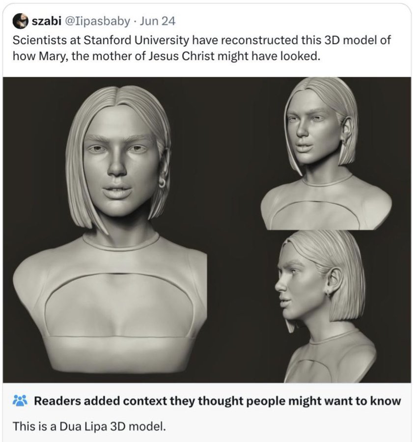 dua lipa mary - szabi Jun 24 Scientists at Stanford University have reconstructed this 3D model of how Mary, the mother of Jesus Christ might have looked. Readers added context they thought people might want to know This is a Dua Lipa 3D model.