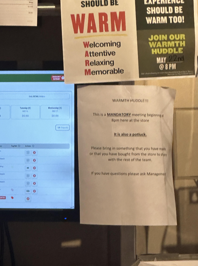 computer monitor - Should Be Warm Welcoming Attentive Relaxing Memorable Should Be Warm Too! Join Our Warmth Huddle May 22nd 8PM Warmth Huddlehi o O O O 10 This is Mandatory meeting be Som here at the store is also a pouch Please bring in something that y