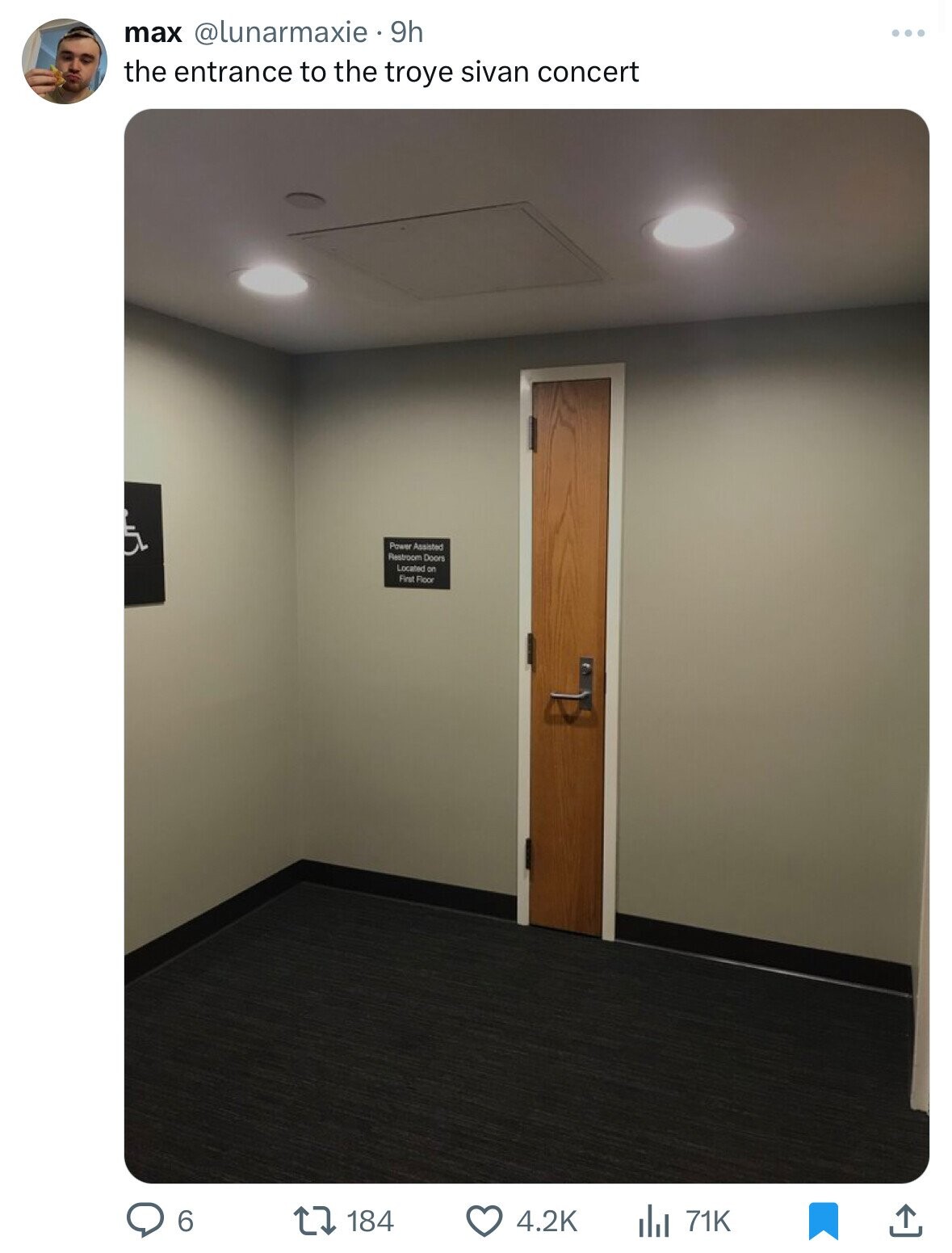 ceiling - max 9h the entrance to the troye sivan concert Power Assisted Restroom Doors Located on First Floor 6 184 71K