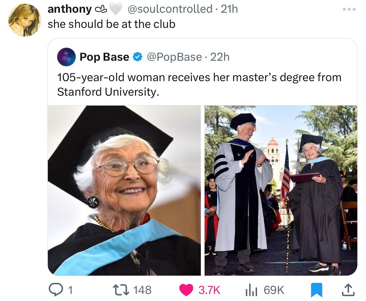 Stanford University - anthony 21h 0. she should be at the club Pop Base 22h 105yearold woman receives her master's degree from Stanford University. Aa 1 148 69K