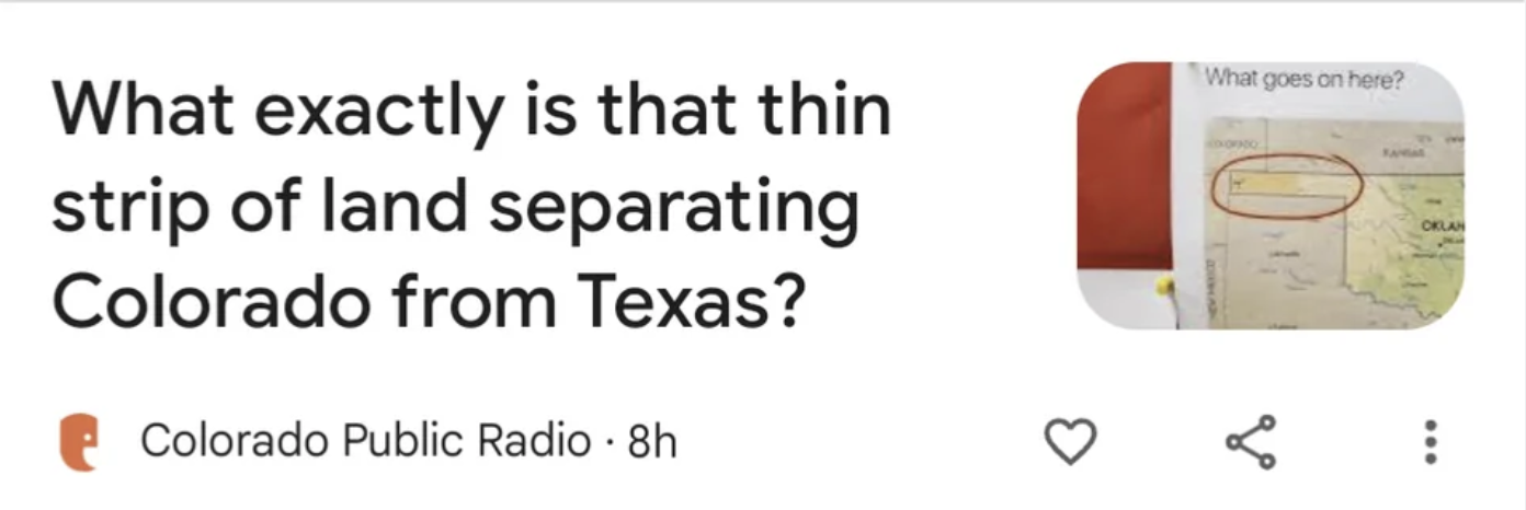 colorfulness - What exactly is that thin strip of land separating Colorado from Texas? Colorado Public Radio 8h What goes on here? Oklah