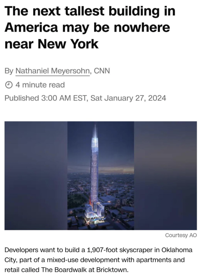 wonders of the world - The next tallest building in America may be nowhere near New York By Nathaniel Meyersohn, Cnn 4 minute read Published Est, Sat Courtesy Ao Developers want to build a 1,907foot skyscraper in Oklahoma City, part of a mixeduse developm