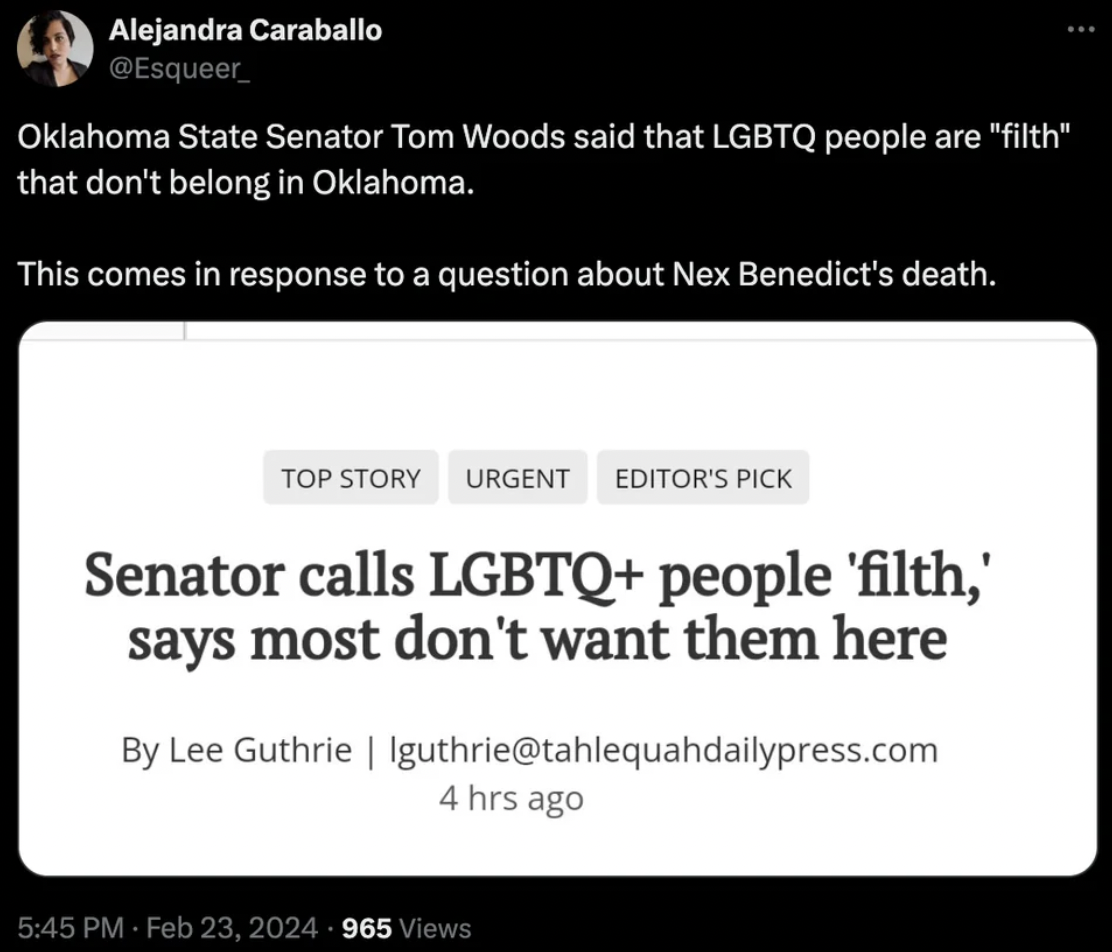 screenshot - Alejandra Caraballo Oklahoma State Senator Tom Woods said that Lgbtq people are