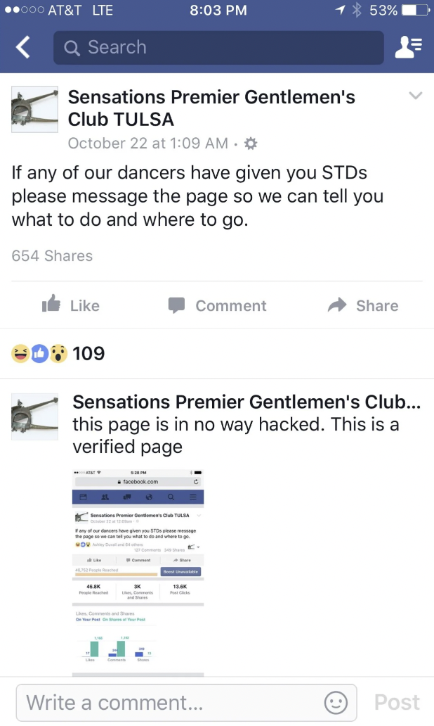 screenshot - At&T Lte Q Search 53% Sensations Premier Gentlemen's Club Tulsa October 22 at . If any of our dancers have given you STDs please message the page so we can tell you what to do and where to go. 654 Comment 0109 Sensations Premier Gentlemen's C