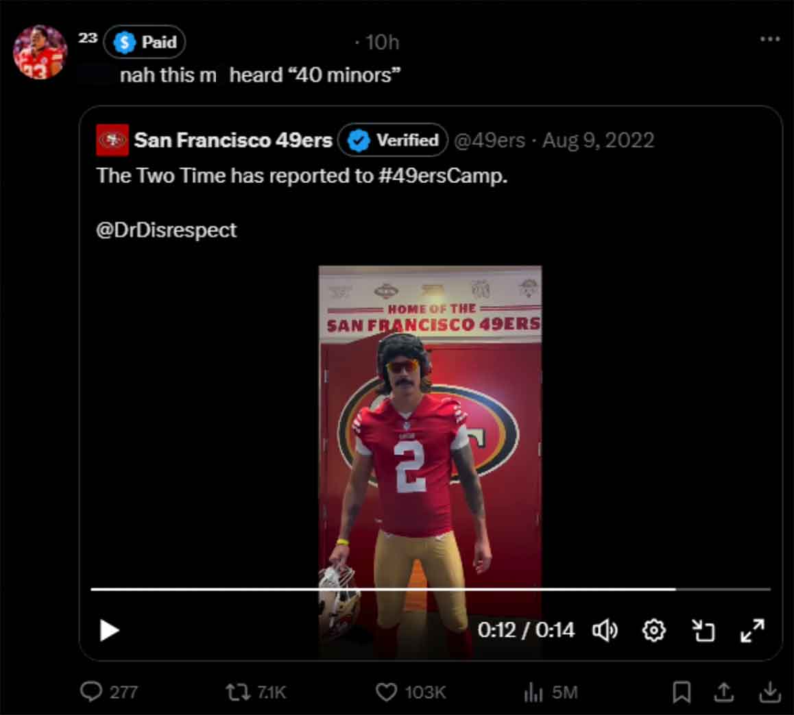 screenshot - 23 Paid 10h nah this m_heard 40 minors San Francisco 49ers Verified .. The Two Time has reported to . Home Of The San Francisco 49ERS 2 277 tl ill 5M