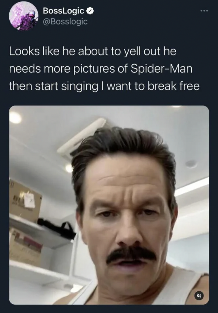 mark wahlberg funny - BossLogic Looks he about to yell out he needs more pictures of SpiderMan then start singing I want to break free