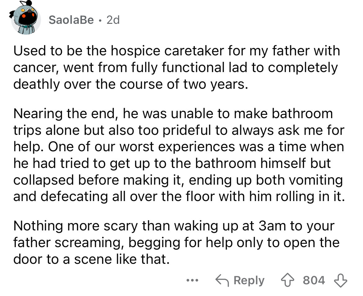 number - SaolaBe 2d Used to be the hospice caretaker for my father with cancer, went from fully functional lad to completely deathly over the course of two years. Nearing the end, he was unable to make bathroom trips alone but also too prideful to always 