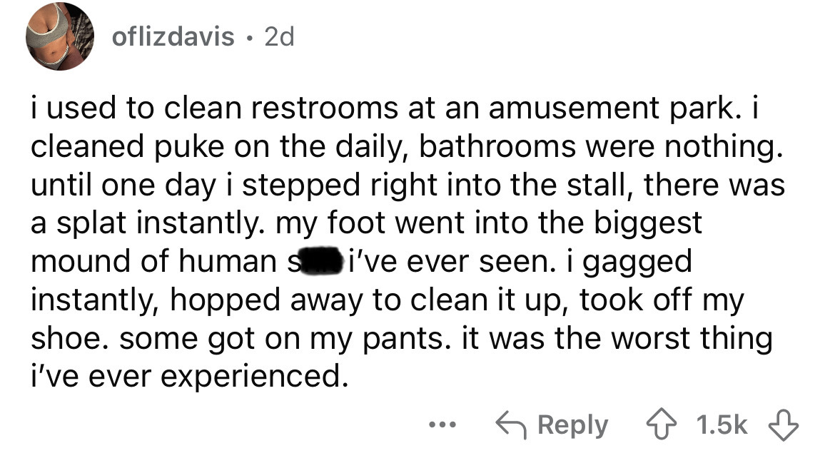screenshot - oflizdavis 2d . i used to clean restrooms at an amusement park. i cleaned puke on the daily, bathrooms were nothing. until one day i stepped right into the stall, there was a splat instantly. my foot went into the biggest mound of human s i'v
